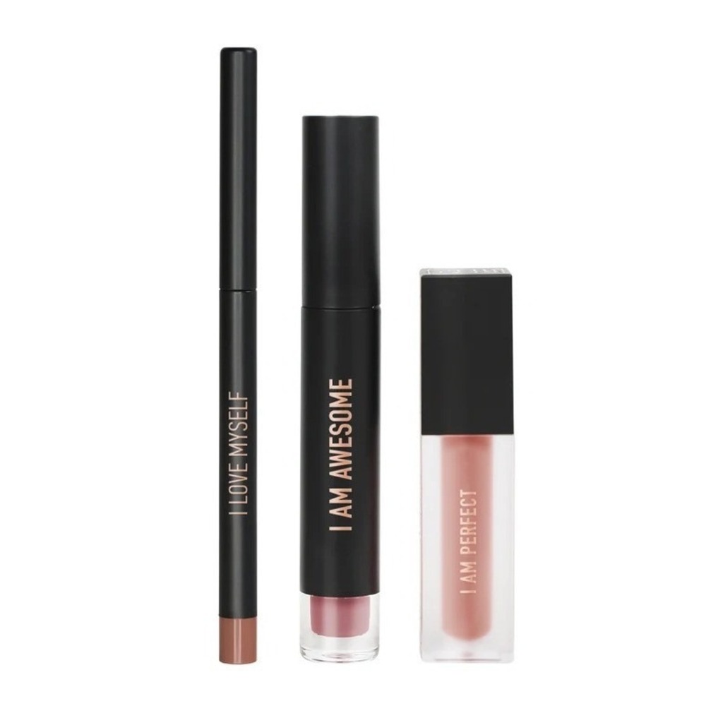 REALHER I AM AWESOME Lip Kit Matte Liquid Lipstick Lip Gloss Lip Liner Mauve NEW